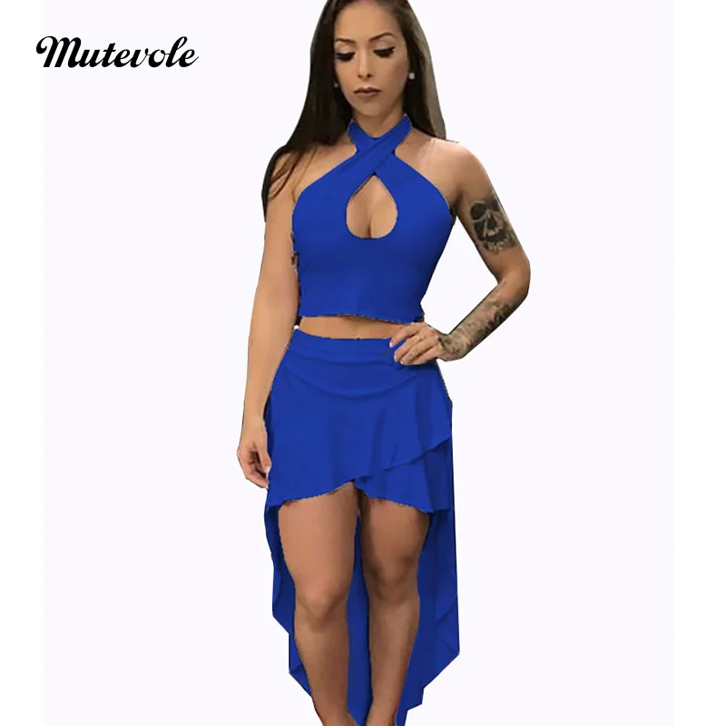 Mutevole Women Summer Two Piece Skirt Set Sleeveless Halter Crop Tops and High Low Dresses 2 Piece Outfit Set Bodycon Casual Set