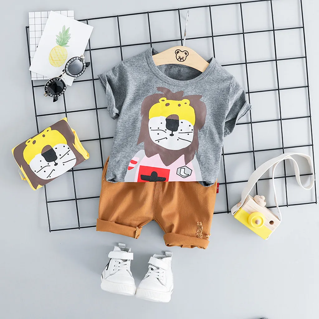 

Toddler Baby Kids Boy Cartoon Lion Tops T-shirt Solid Short Pants Casual Outfits roupas infantil jongens kleding boys clothes