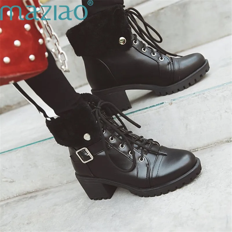 

Ankle Boots for Women Round Head Belt Buckle Lace Up Sweet Style Fashion Rubber Sexy Heels Platform Shoes MAZIAO
