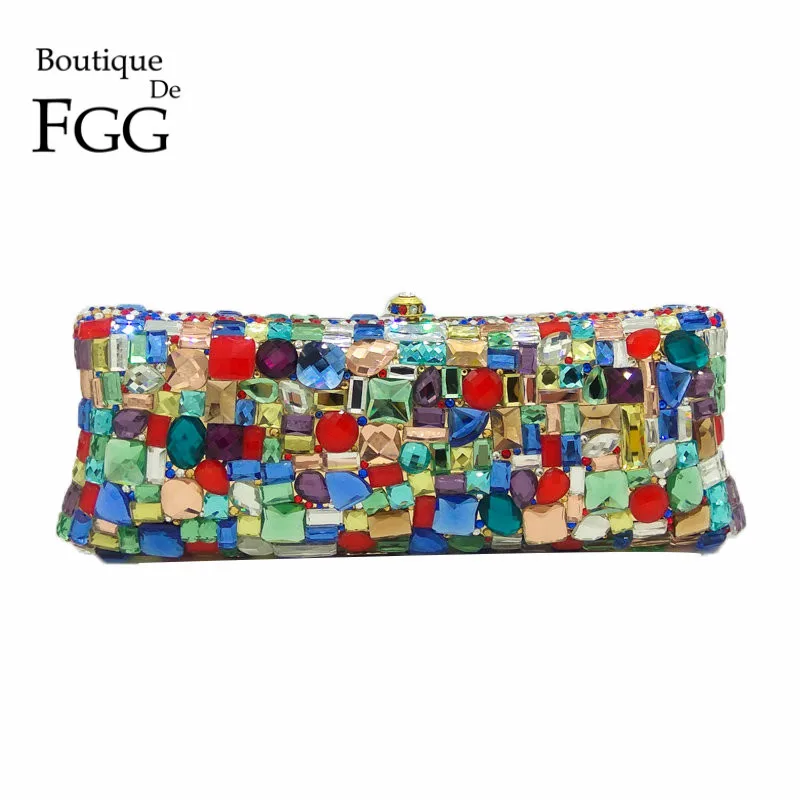 

Boutique De FGG Multi-Colored Rhinestone Crystal Women Evening Clutches Bag Wedding Party Dinner Metal Clutch Minaudiere Handbag