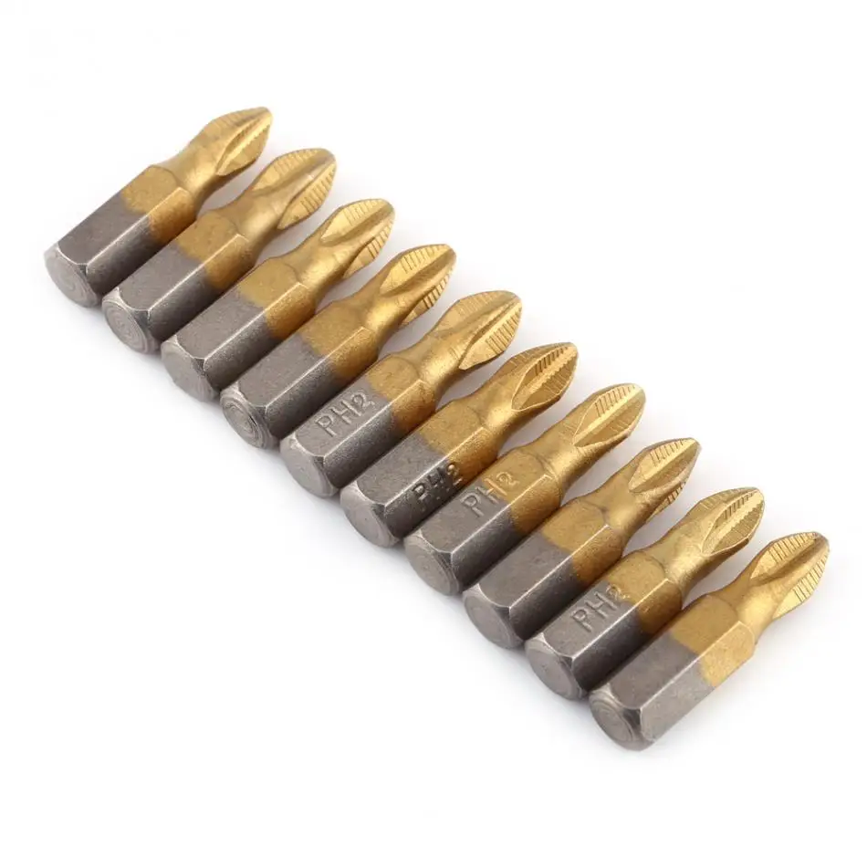 

10 Pcs Electric Screwdriver Bits Titanium Coated 1/4"Hex Shank 25mm Length PH2 Antislip Magnetic S2 Screwdriver Bits Set