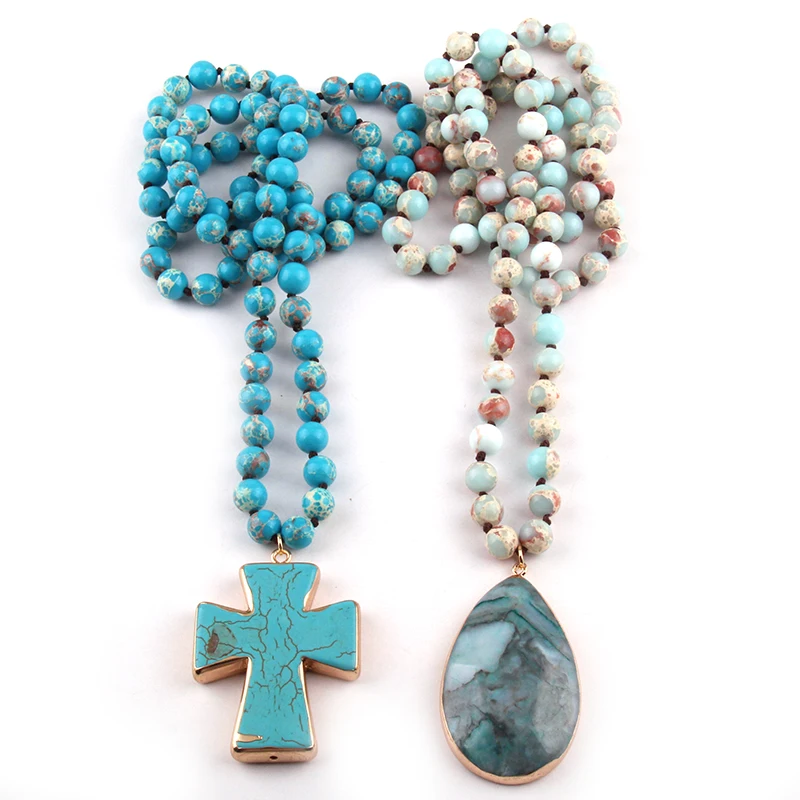 

MOODPC Fashion Natural Semi Precious Empire Stones with cross charm Pendant Handmade Necklace Women Jewelry
