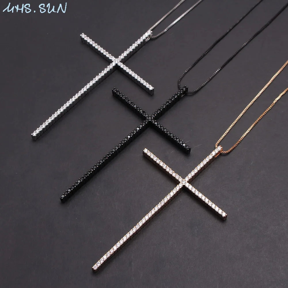 

MHS.SUN CZ Zircon Big Cross Pendant Necklace For Men Women Gift Hip Hop Gold/Silver/Black Chain Necklace Religion Jewelry 1PC