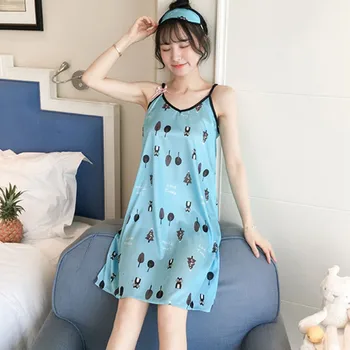 

Sexy Lady Silk Satin Printed Night Dress Sleeveless Nighties Nightgown Plus Size Nightdress Lace Sleepwear Nightwear