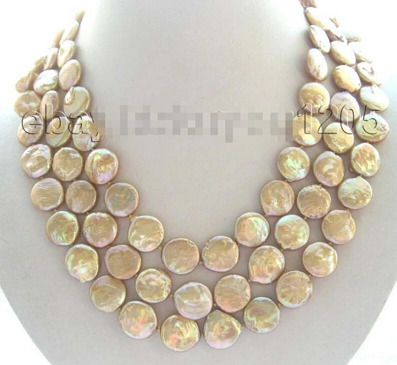 

FREE SHIPPING 3rows Natural 14mm Champagne Coin Pearl Necklace 14KGP!