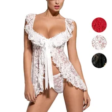 Sexy Women Lace Lingerie Babydoll Front Open Nighty Underwear Sex Perspective Sleepwear with G-string Plus Size 6XL