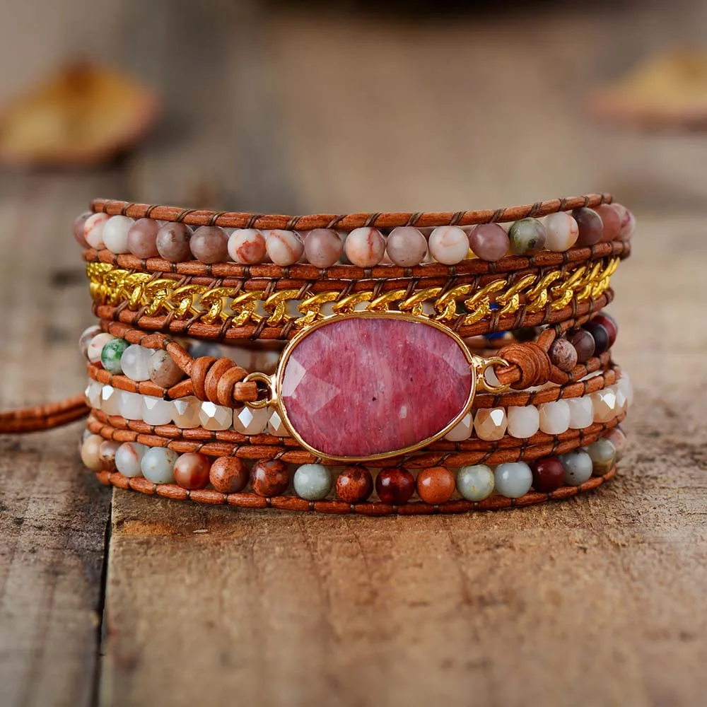 

Premium Designer Leather Bracelet Rhodonite Mix Chain 5 Strands Woven Wrap Bracelets Bohemian Charm Bracelets Dropship