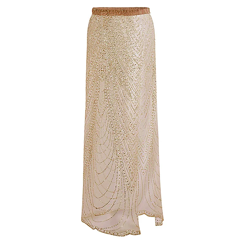 

2018 Summer Sexy Beachwear Women Boho Long Transparent Skirt Gold Silver Maxi Sequin Skirt Loose Sexy Party Split Mesh Skirts