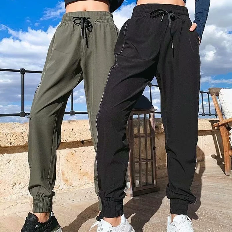 

American Street Style Women Casual Side Stripe Ankle-length Pants 2 Colors Elastic Waist Drawstring Women Ankle Banded Pants