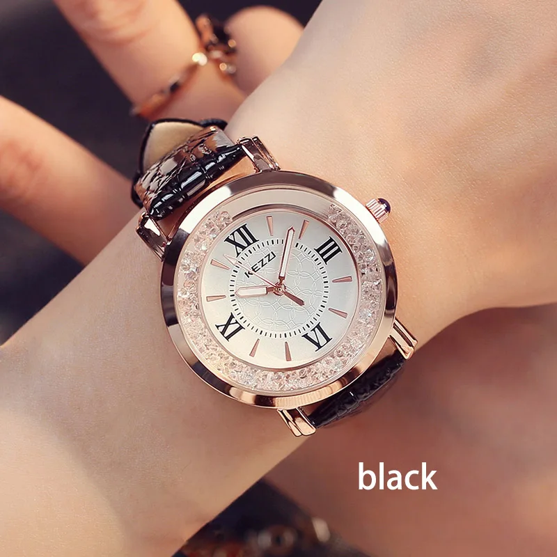 Бренд KEZZI, женские часы с кожаным ремешком, покрытые розовым золотом часы с кристаллами, женские часы с римским циферблатом, Reloje Mujer Montre Femme - Цвет: black watch