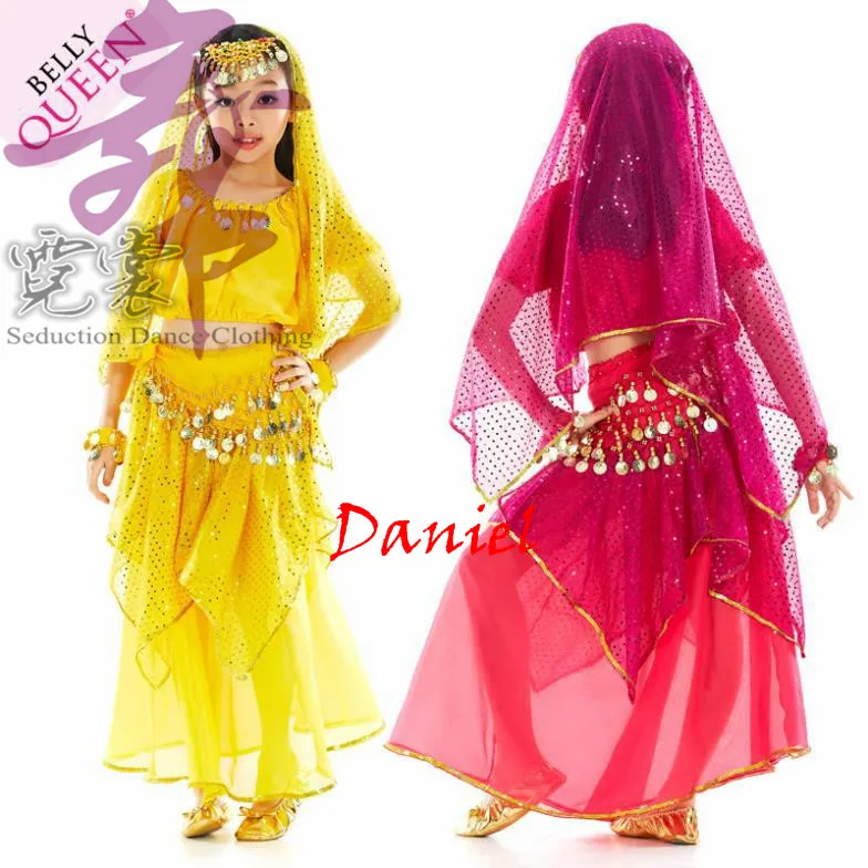 

2018 New belly dance costumes for kids 7piece fashion indian clothes red/rose/yellow arabian belly dancer costume