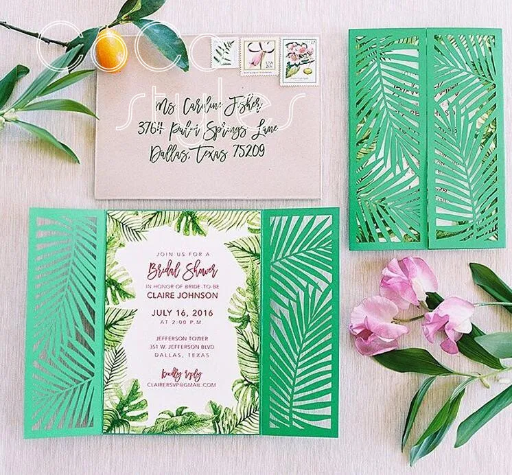 

Cocostyles customized exquisite floral and greenery design laser cut invitation card set for tropical wedding invitations