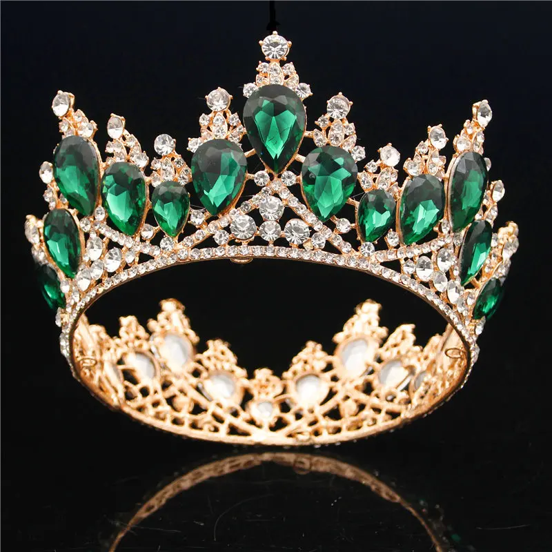 Потрясающая Серебряная кристальная полная круглая Корона невесты, роскошная свадебная диадема, корона для невесты, ювелирные украшения для волос, аксессуары - Окраска металла: Gold Green