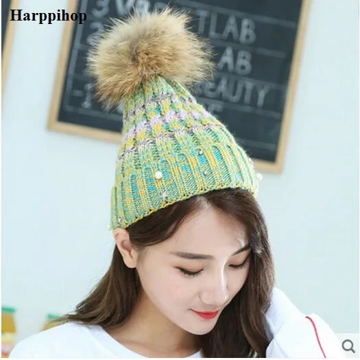 2018 spring Winter big raccoon hair ball hat female warm wool hat Korean students wild knit