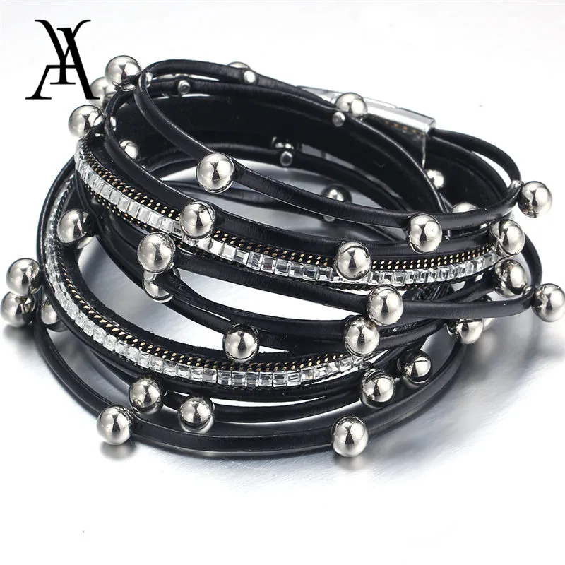 

Fashion Women Multilayer Bangle Bracelet Beaded Leather Magnetic Wristband Crystal Feminino Pulseras Mulher Party Jewelry