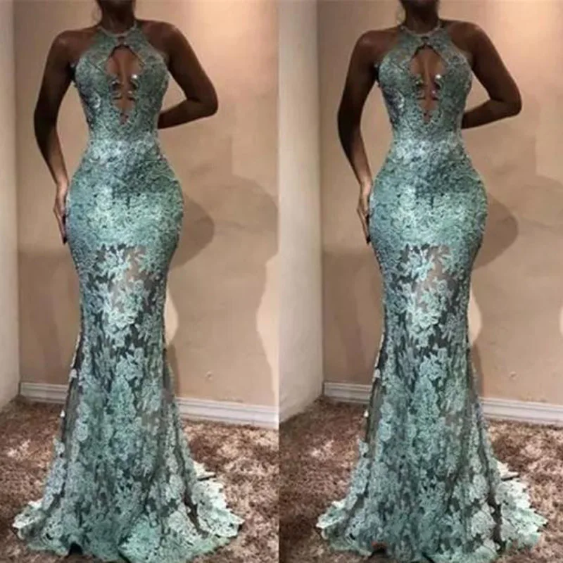 Olive Green Lace Mermaid Prom Dresses 2018 Sexy Keyhole High Neck See Through Appliques Evening Gowns Women party dress139