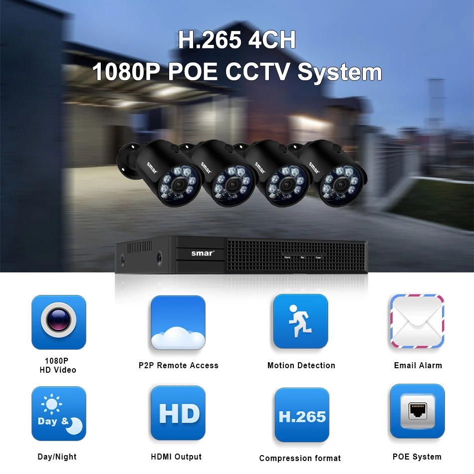 Smar H.265 4CH POE NVR Kit 1080P Security Camera System 4CH  With 2MP POE IP Camera Set CCTV Surveillance Real Plug and Play (1)