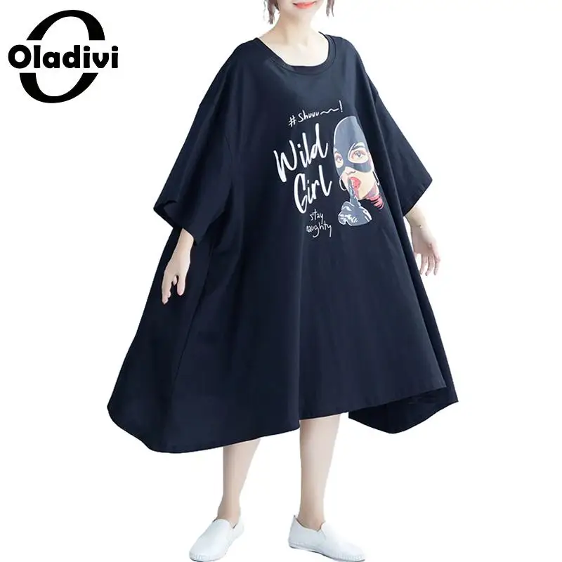 Oladivi, больше размера d размера плюс, женское летнее платье, весна-лето, повседневные свободные хлопковые платья большого размера, женская рубашка, туника, Vestidio - Цвет: Черный