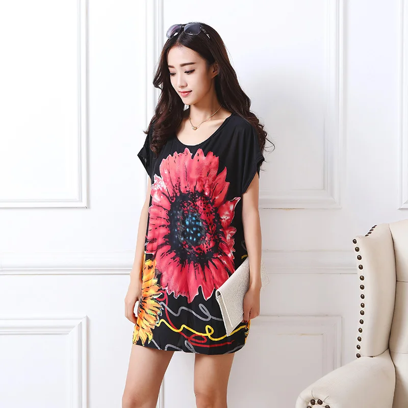 

NEW 2018 summer women casual print short sleeve t shirt tops & tees loose plus size black floral