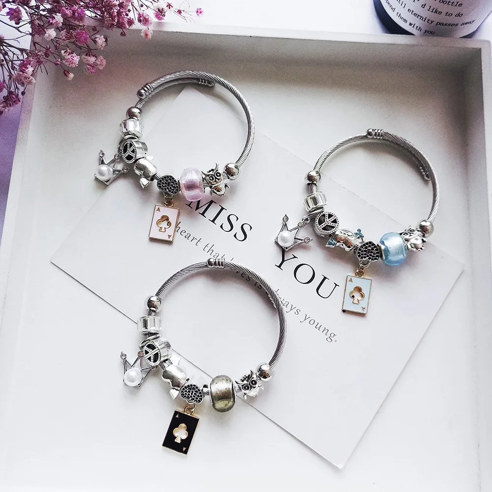 Bohemian Poker Card Owl Heart Charm Stainless Steel Bracelets & Bangles for Women Beads Handmade Charm Bracelet Jewelry B59