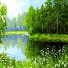 Горячая зеленые деревья озера напечатаны DIY цифровая картина маслом по номерам ручная роспись маслом 40x50 см без рамки