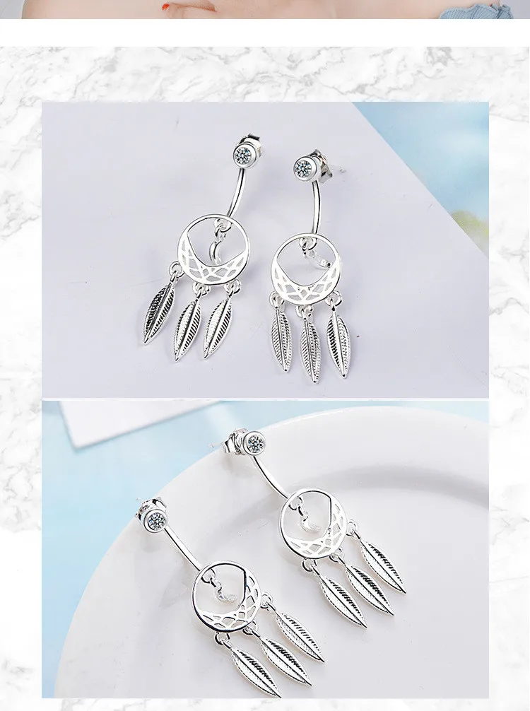 Japanese And Korean Style Simple Fashion Round 925 Sterling Silver Dream Catcher Feather Moon Crystal Creative Earrings SE661