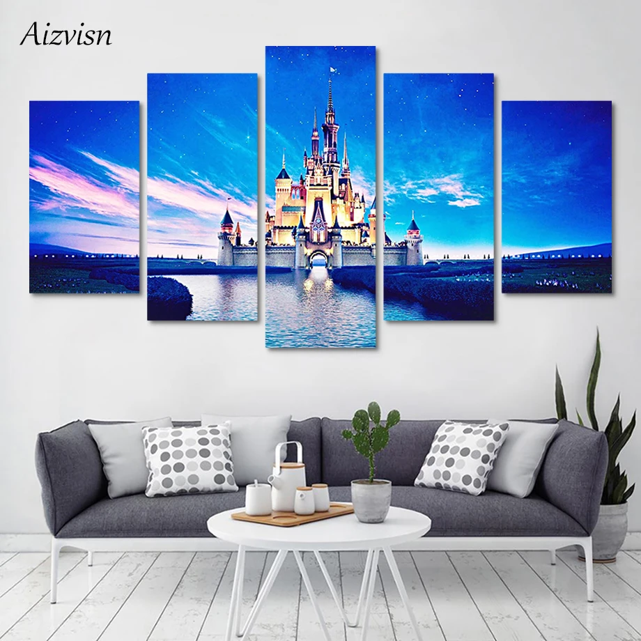 

Aizvisn Modern Canvas Painting Wall Art Home Decoration 5 Piece Castle Poster Azure Sky Beautiful Lake Scenery Picture Scape