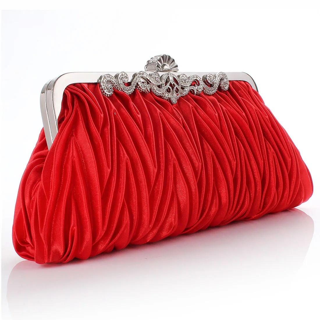 Folding Dinner Bag Women Lady Satin Crystal Bridal Handbag Clutch Party Wedding Purse Evening Bag Metal Buckles Polyester Fabric 4