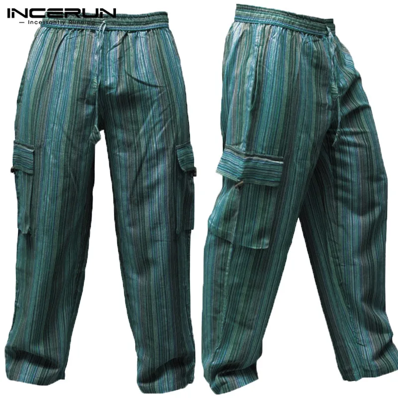 

INCERUN Striped 5XL Wide Legs Men Casual Pants 100%Cotton Loose Fitness Baggy Cargo Trousers Multi Pockets Joggers Vacation