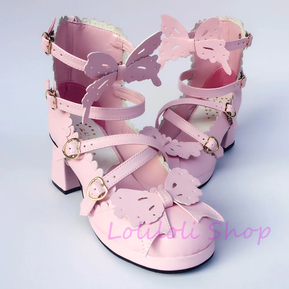 

Princess sweet lolita shoes loliloli yoyo Japanese design custom big size original pink bright skin lace-up high boots 6633