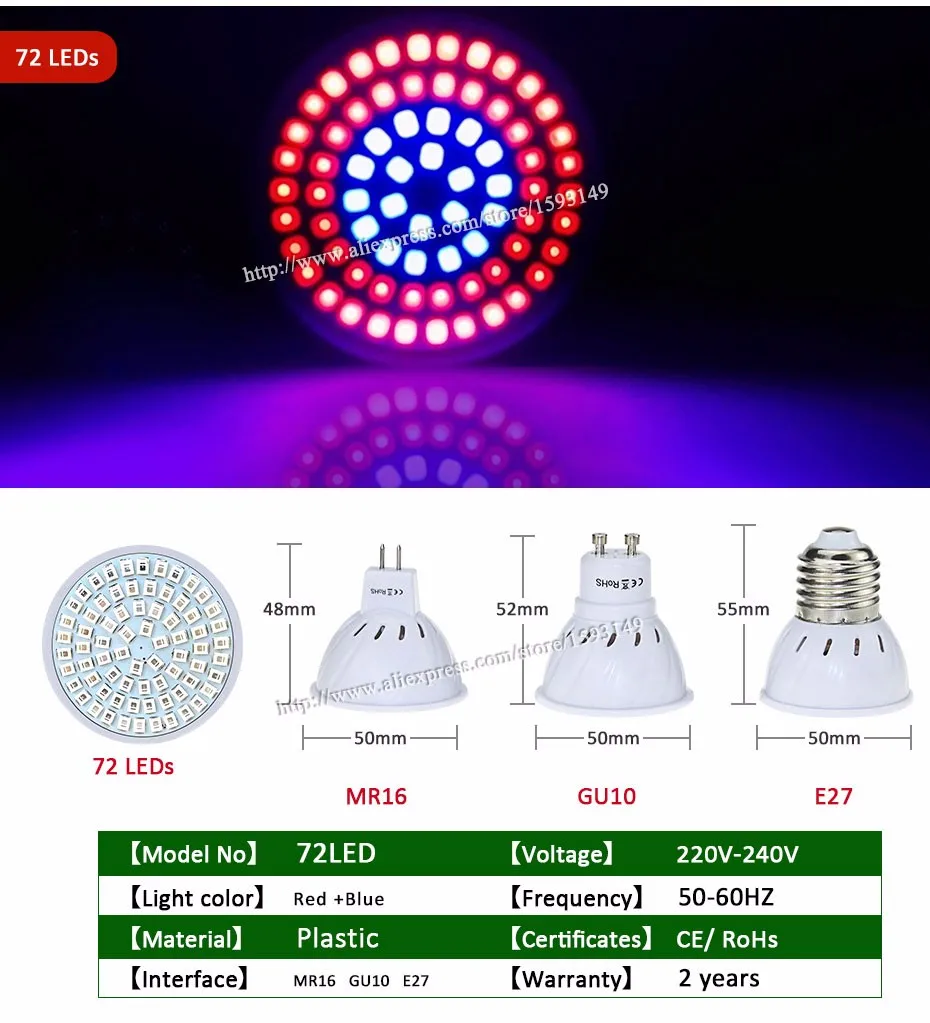 Светодиодные лампочки для теплиц полный спектр E27 GU10 MR16 лампа внутреннего освещения для теплиц 3 Вт/4 W/5 W AC220V для цветущих растений и