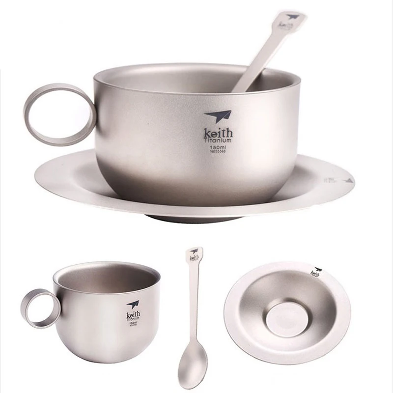 Xícara de Café Titânio ao ar Caneca de Café Água com Pote Keith Ultraleve Titanium Conjuntos Chá Livre Portátil Talheres Colher Conjunto Ti3601 150ml 10 Louça para ar livre