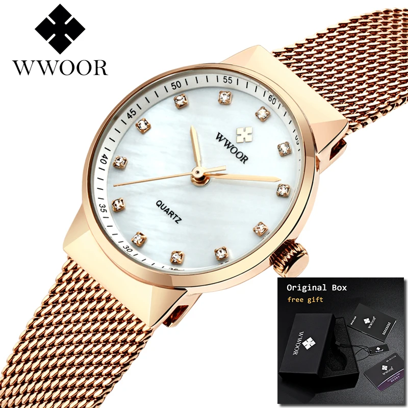 

2018 WWOOR Slim Rose gold Mesh Stainless Steel Watches Women Watch Top Brand Luxury Casual Clock Ladies Wrist Watch montre femme