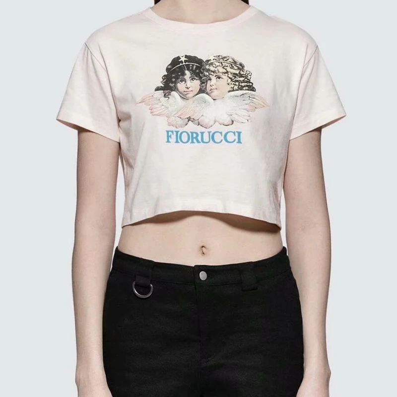 

Summer Women O-neck Front Cartoon Angel Printed Casual Short Sleeve Top T-shirt American Street Style Crop Top T-shirt