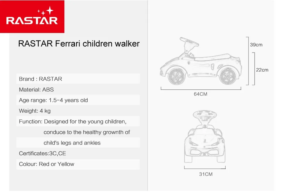 Rastar Лицензированная Езда на машине детские игрушки Ferrari 458 футов на пол автомобиль со звук рога 83500