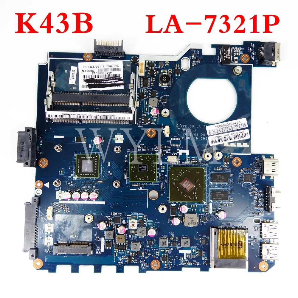 PBL50 LA-7321P K43B/X43B Материнская плата Asus K43B K43BR K43BY X43B X43U K43U Материнская плата ноутбука тестирование работы