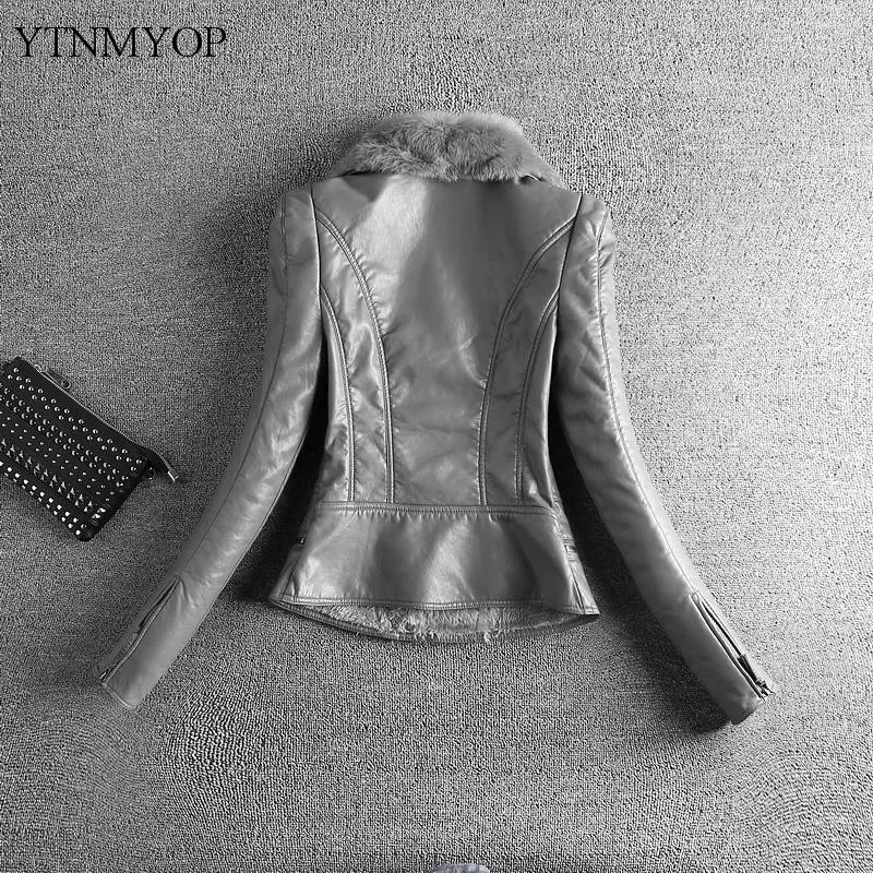 YTNMYOP, тонкая женская кожаная куртка с воротником из натурального меха кролика Рекс, осенне-зимние толстые кожаные пальто, верхняя одежда, плюс 4XL