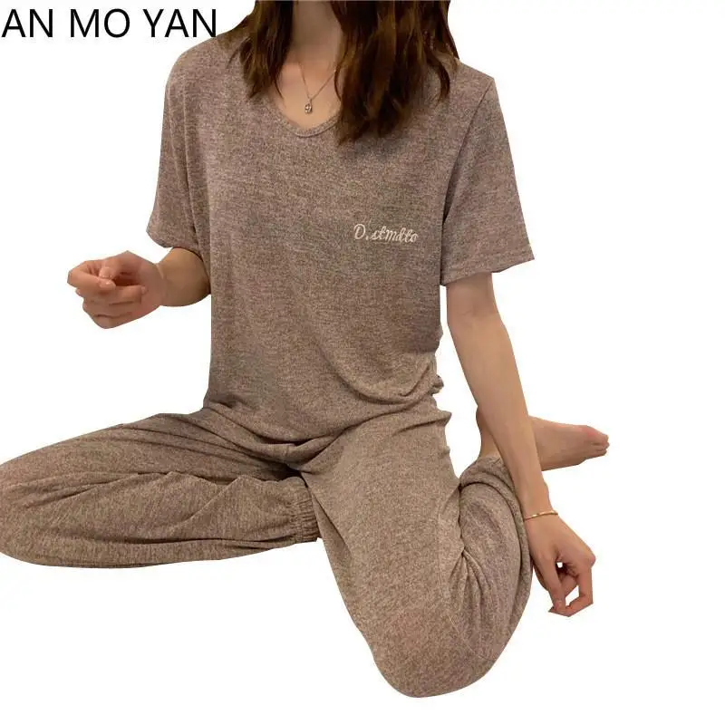 

ANMOYAN2019 New Summer Two-piece Women's Casual Short-sleeved Suit Cotton Women's Sportswear Short Jacket And Pants Suit Ladie