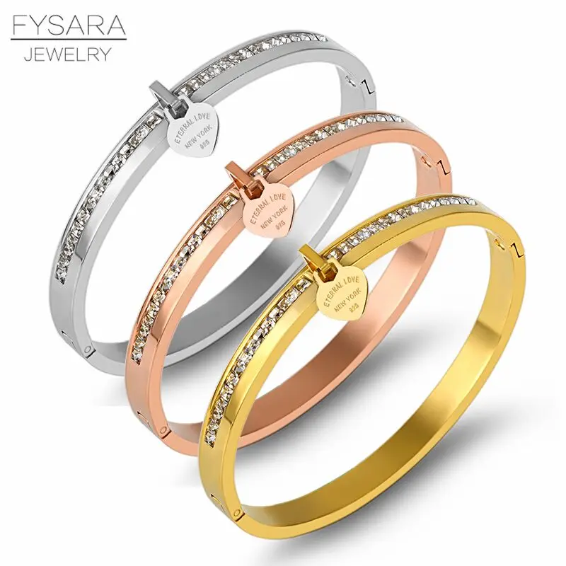 

FYSARA Fashion Bangles Heart Tag Bracelets Stainless Steel Classic Style Gold Zircon Bangles & Bracelets For Women Accessories