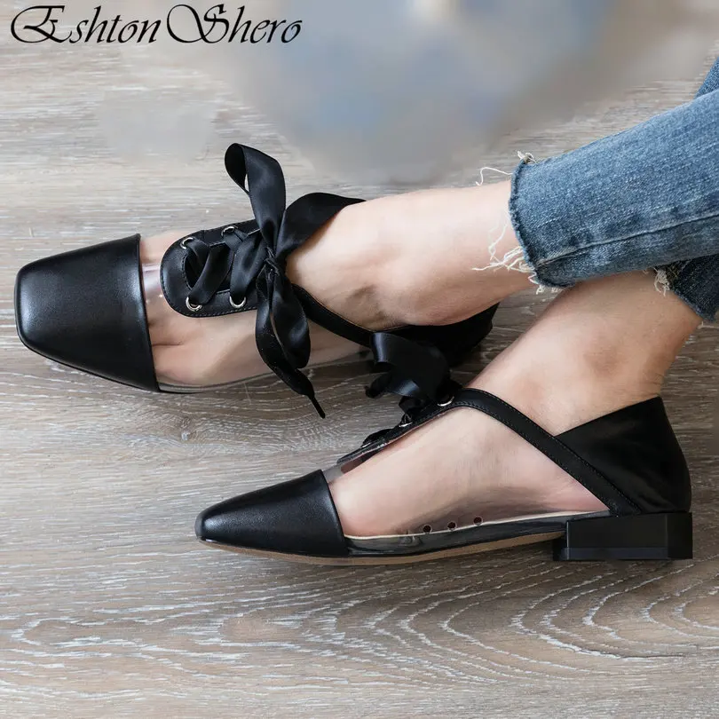

EshtonShero Women's Shoes Woman Leather Square Toe Lace Up Slip On Low Heel Sexy Ladies Wedding Boat Shoes Size 3-8