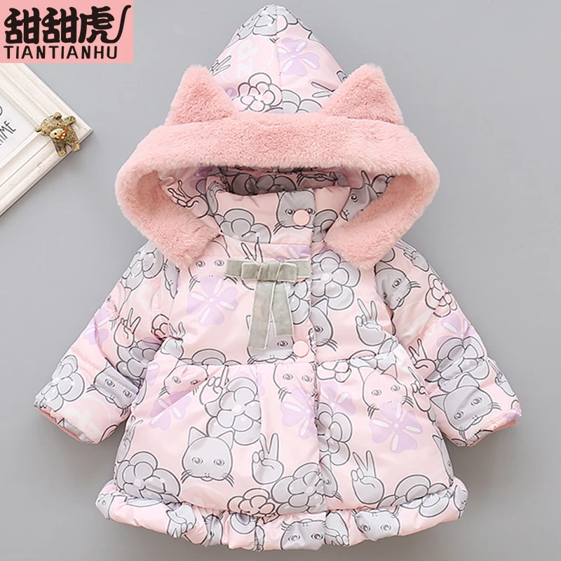 

Baby Girls Jacket Autumn Winter Jacket For Girls Coat Kids thick Warm Hooded cat ear Outerwear Children Infant printing Clothes