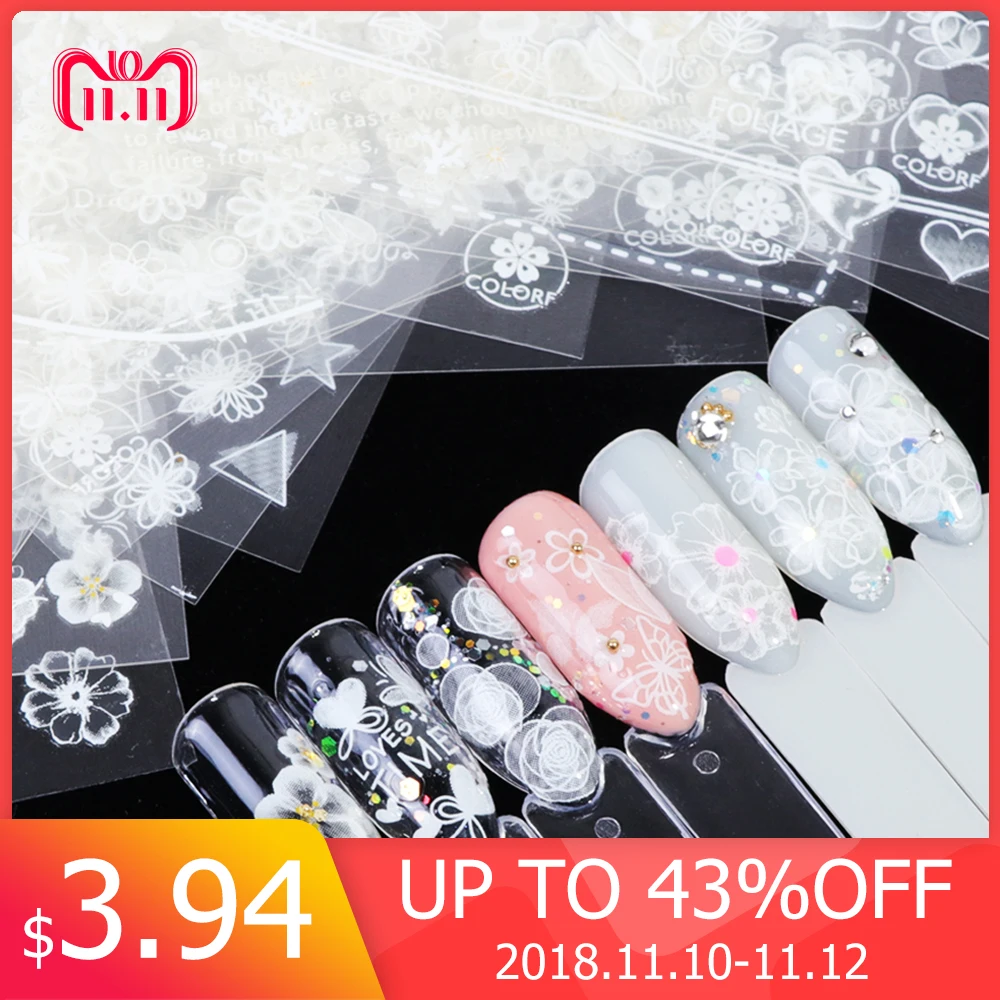 

27pcs Nail Art Stickers Wraps Decal Lace White Flowers 3D Charm Geometry Butterfly Manicure Slider Decoration Adhesive Tips JICC