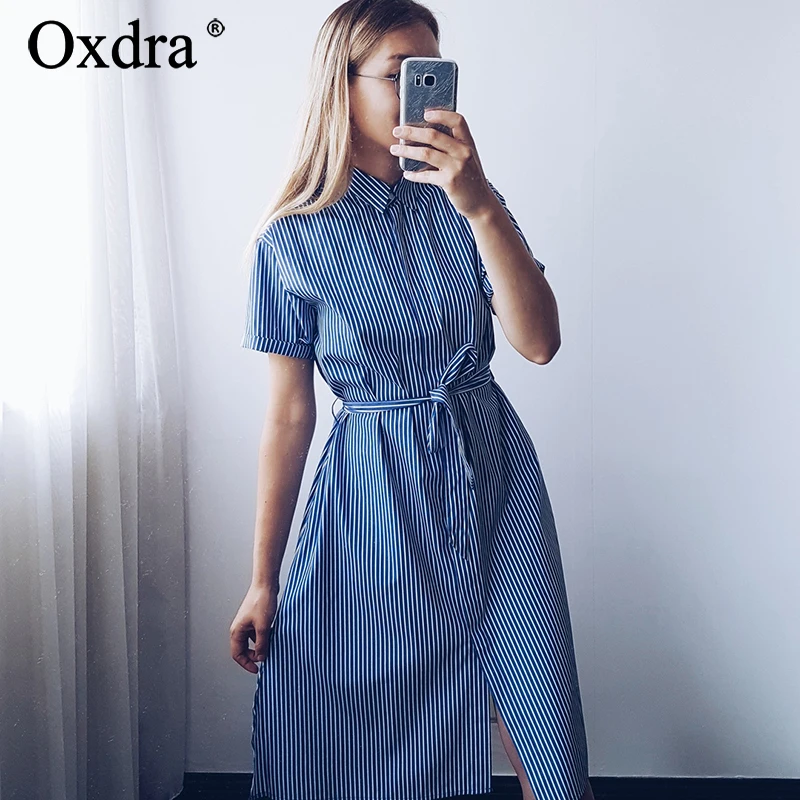 Oxdra женское платье 2018 лето новое горячее синее Полосатое с ремнем коротким