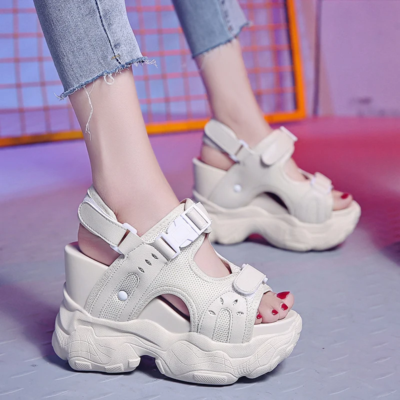 

Summer Fashion Women's Sandals 12CM Heels Wedge Platform Sneakers Breathable Mesh High Heel Sandals For Women Gladiator Slippers
