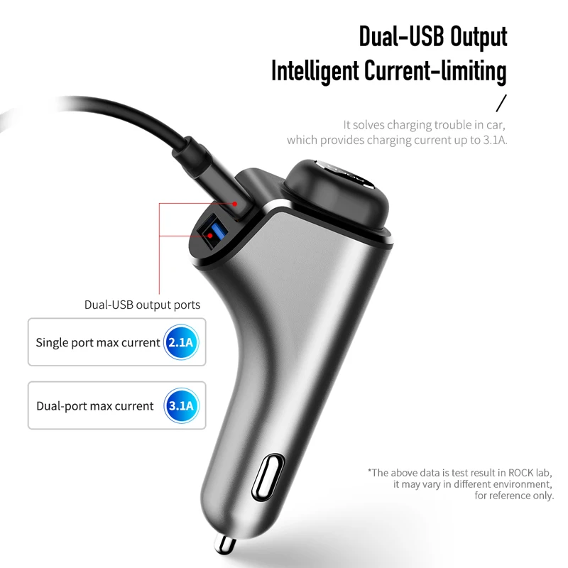 Интеллектуальное автомобильное зарядное устройство ROCK B400 с двумя usb-портами+ 4,2 Bluetooth, цифровые наушники, быстрая зарядка, мониторинг для iPhone xs, samsung