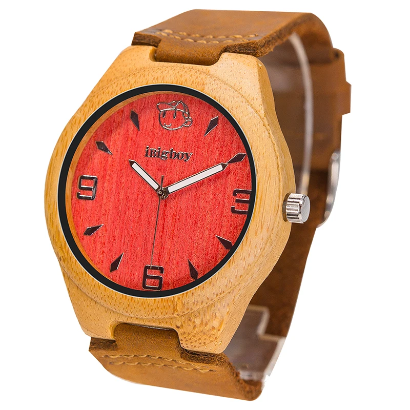 iBigboy Men Wooden Watches Women Wristwatch Luxury Padauk Wood 12 Hour Analog Japan Quartz Leather Strap