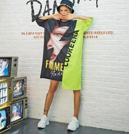 

Women Korean Fashion Contrast Color Blocked Dress High Street Cartoon T-Shirt Dress Large Size Loose Irregular Summer Dresses