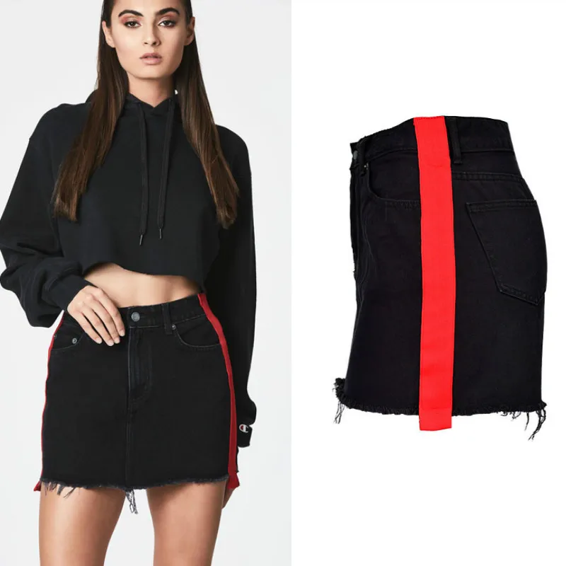 

2018 New High Waist Summer Skirt Women Fashion Cotton Denim Patchwork Side Stripe Red Webbing Faldas Mujer Black Streetwear Saia