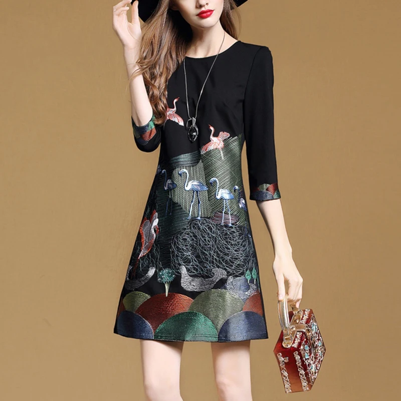 

Zarachiel High Quality Embroidery Dress Women Casual O Neck Flower Bird Embroidered Slim Vintage Black A Line Dress Plus Size