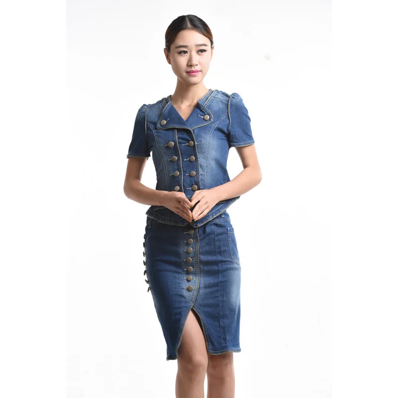 Mode Vrouwen Pak Jurk 2 STKS Set Denim Jeans Jacket Rok past Denim Hoge Taille Zomer Knop Jurk Lange Mouwen Korte Mouwen Mode Vrouwen Pak Jurk 2 STKS Set Denim Jeans Jacket Rok past Denim Hoge Taille Zomer Knop Jurk Lange Mouwen Korte Mouwen